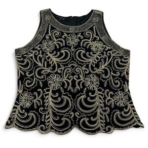JKARA Black Gold Beaded Tank Top L Scallop Hem Cocktail Party Art Deco Glam